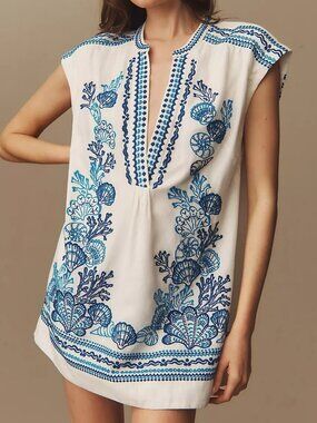 Boho Maeve Embroidered Linen Tunic Mini Dress